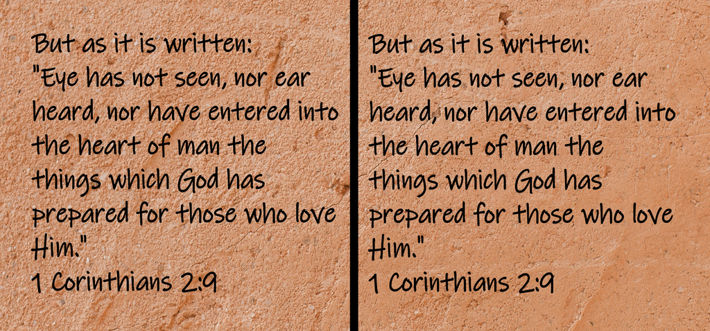 1 Corinthians 2:9 But as it is written; "Eye has not seen, nor ear heard, nor have entered into the heart of man the things which God has prepared for those who love Him."