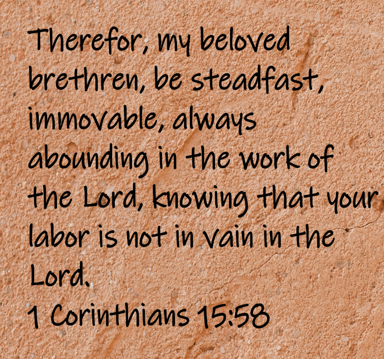 Therefor, my beloved brethren, be steadfast, immovable, always abounding in the work of the Lord, knowing that your labor is not in vain in the Lord.  1 Corinthians 15:58