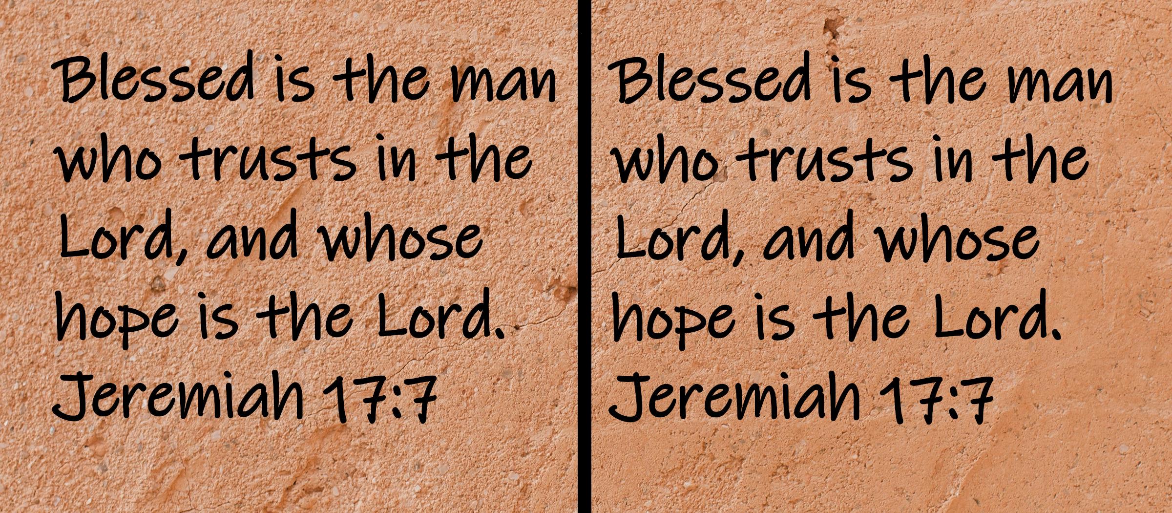 Blessed is the man who trusts in the Lord, and whose hope is the Lord.  Jeremiah 17:7