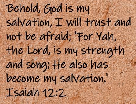 Behold, God is my salvation, I will trust and not be afraid; 'For Yah, the Lord, is my strength and song; He also has become...  Isaiah 12:2