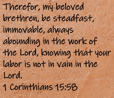 Therefor, my beloved brethren, be steadfast, immovable, always abounding in the work of the Lord, knowing that your labor is not in vain in the Lord.  1 Corinthians 15:58