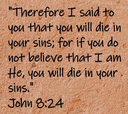 Therefore I said to you that you will die in your sins; for if you do not believe that I am He, you will die in your sins.  John 8:24