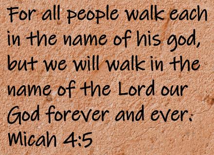 For all people walk each in the name of his god, but we will walk in the name of the Lord our God forever and ever.  Micah 4:5