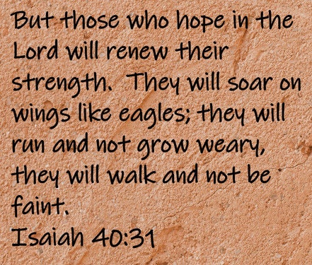 But those who hope in the Lord will renew their strength. They will soar on wings like eagles; they will run and not grow weary, they will walk and not be faint.  Isaiah 40:31