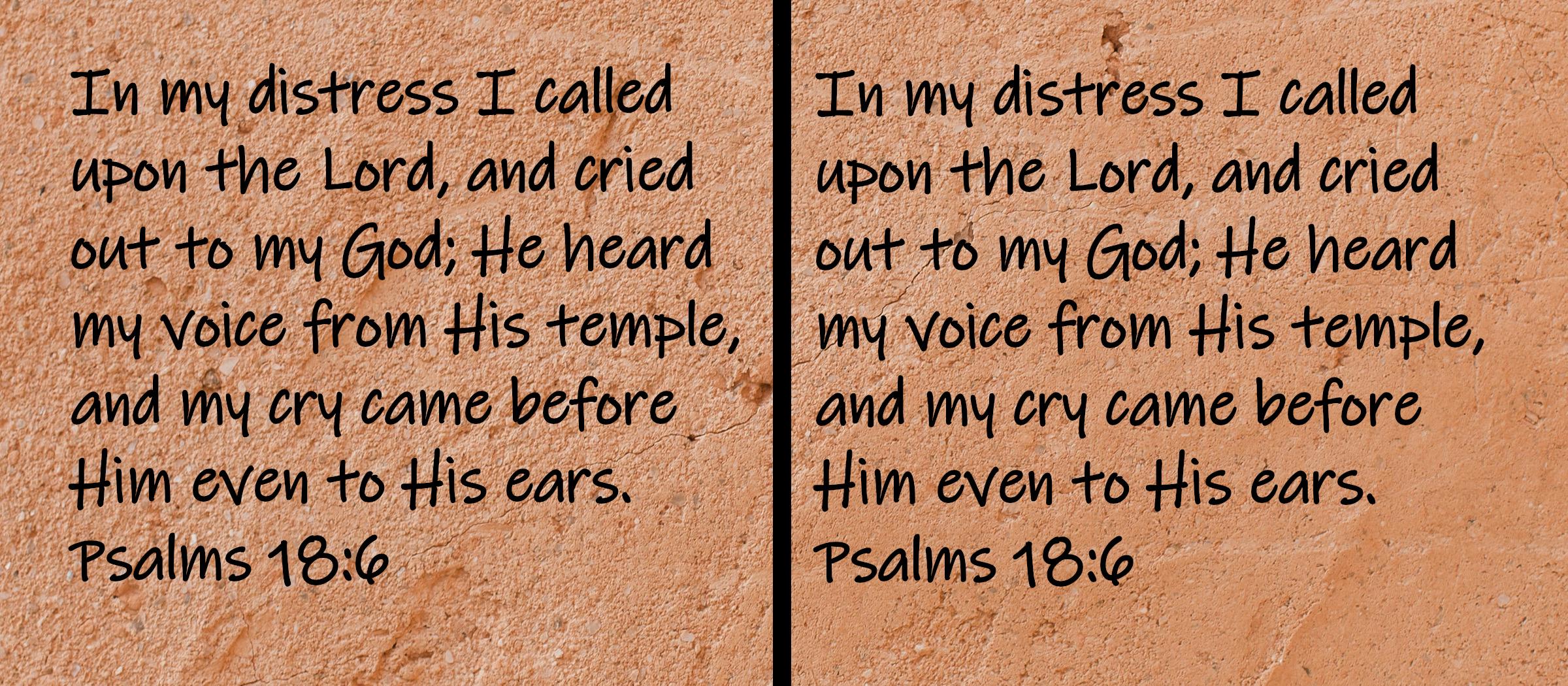 In my distress I called upon the Lord and cried out to my God; He heard my voice from His temple, and my cry came before Him... Psalms 18:6