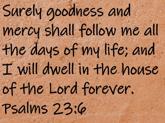 Surely goodness and mercy shall follow me all the days of my life; and I will dwell in the house of the Lord forever.  Psalms 23:6