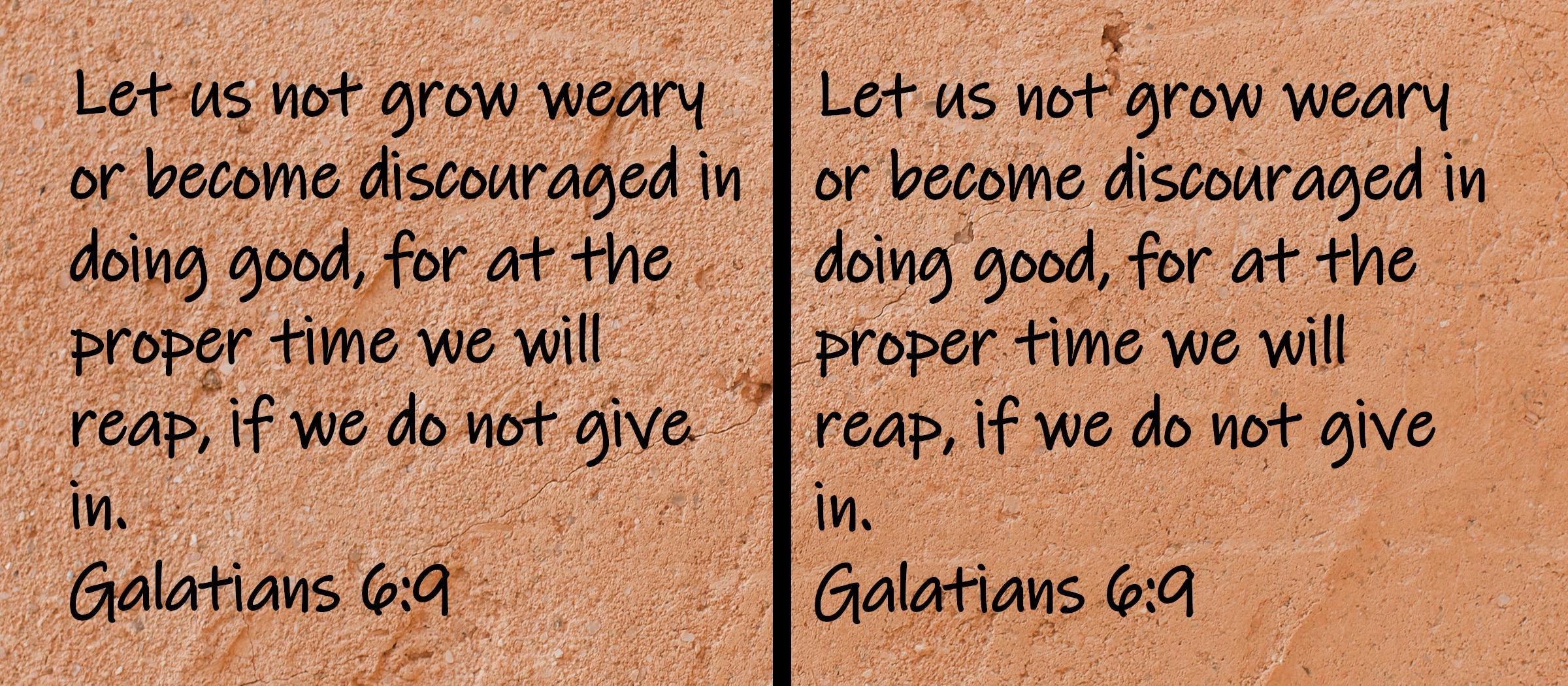 Let us not grow weary or become discouraged in doing good, for at the proper time we will reap, if we do not give in.  Galatians 6:9