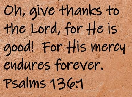 Oh, give thanks to the Lord, for He is good!  For His mercy endures forever.  Psalms 136:1