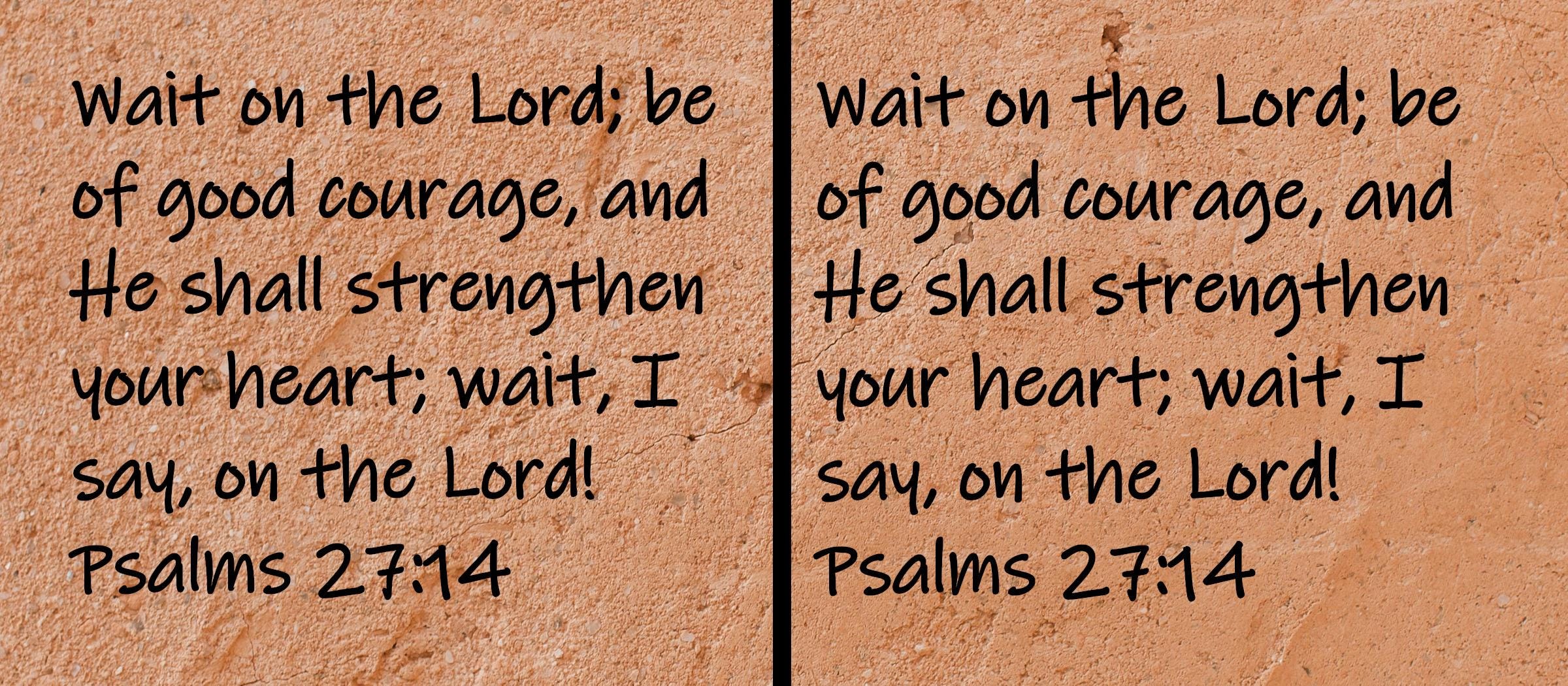 Wait on the Lord; be of good courage, and He shall strengthen your heart; wait, I say, on the Lord!  Psalms 27:14