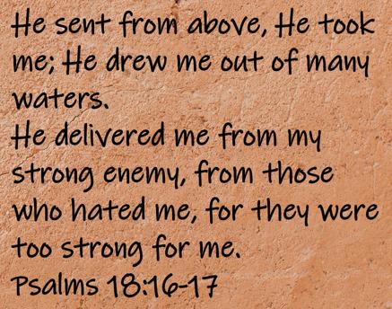 He sent from above, He took me; He drew me out of many waters.  He delivered me from my strong enemy, from those who...Psalms 18:16-17