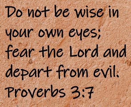 Do no be wise in your own eyes; fear the Lord and depart from evil.  Proverbs 3:7